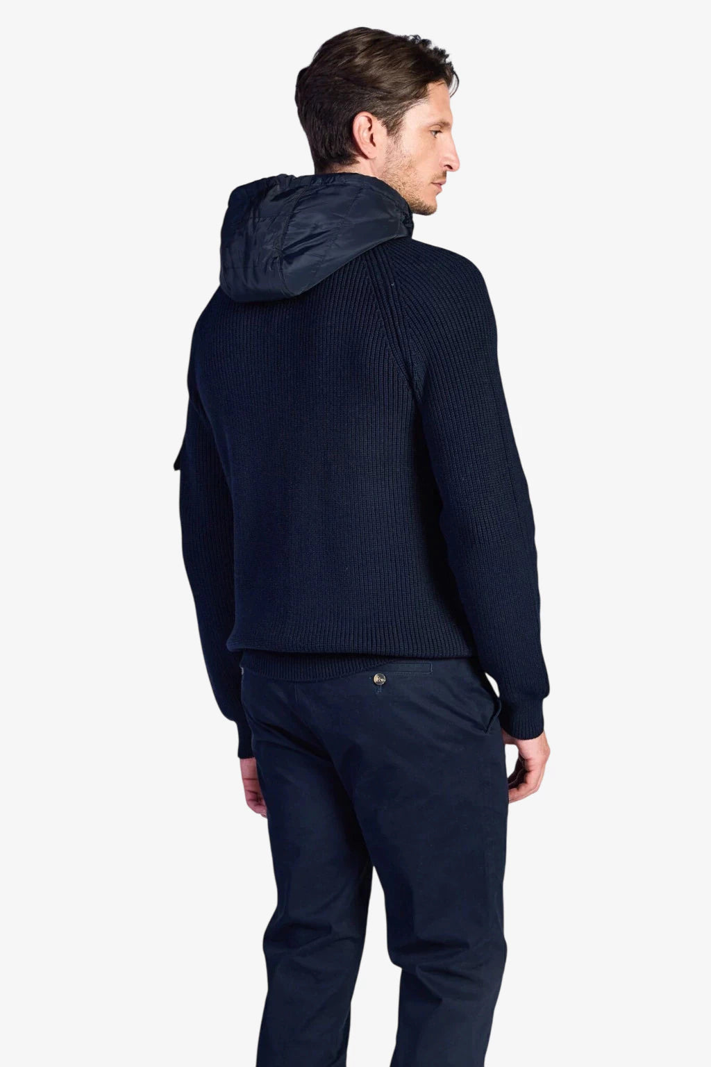 Fisherman's Rib Hybrid Jacket with Nylon Hood - Dark Navy