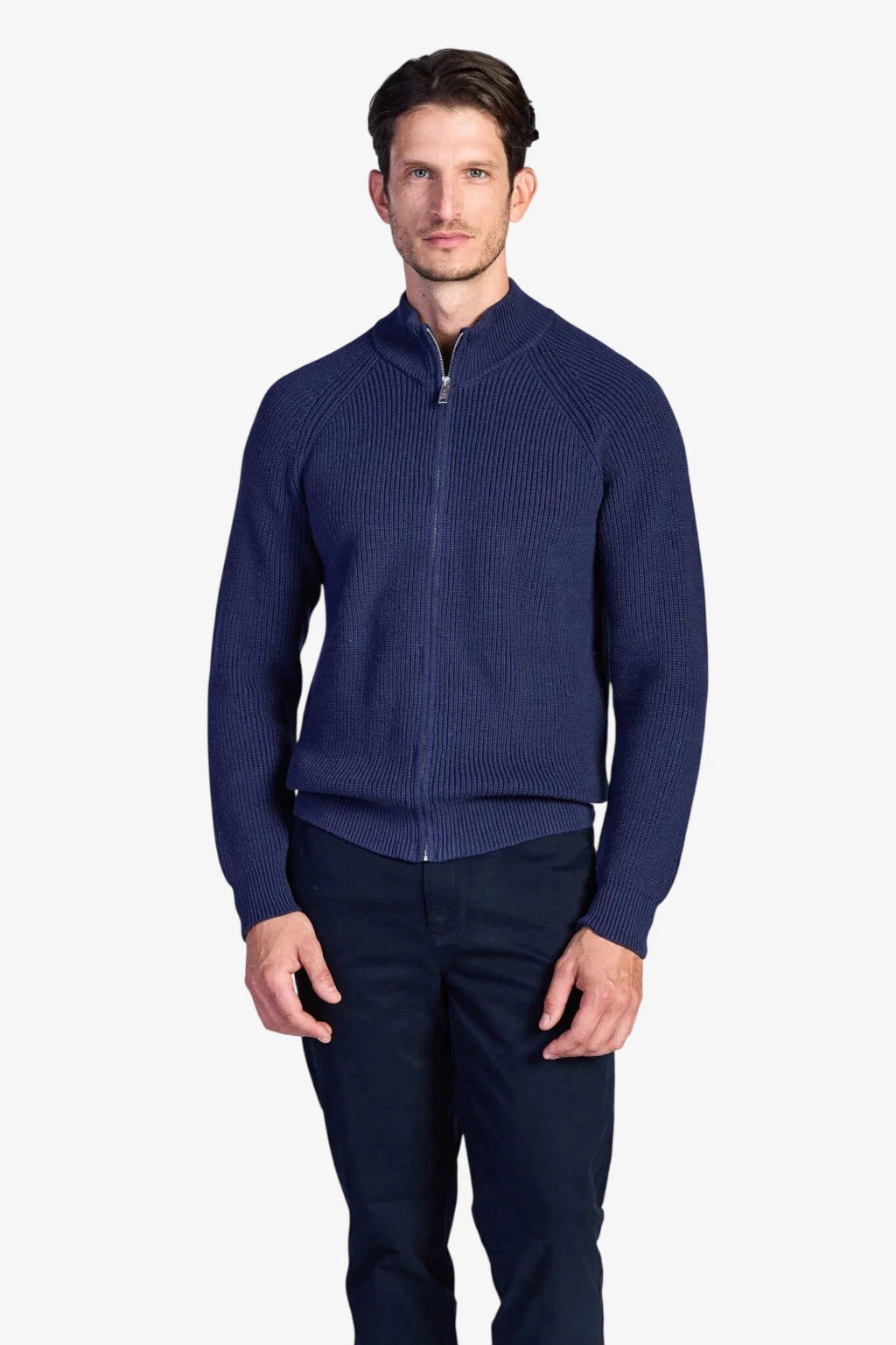 Cotton Fisherman's Rib Zip Jacket - Dark Navy