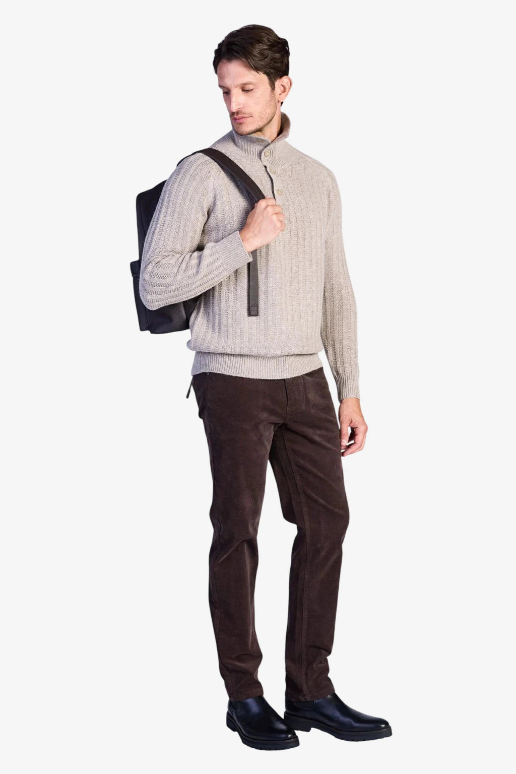Wool-Blend Button-Neck Sweater - Beige