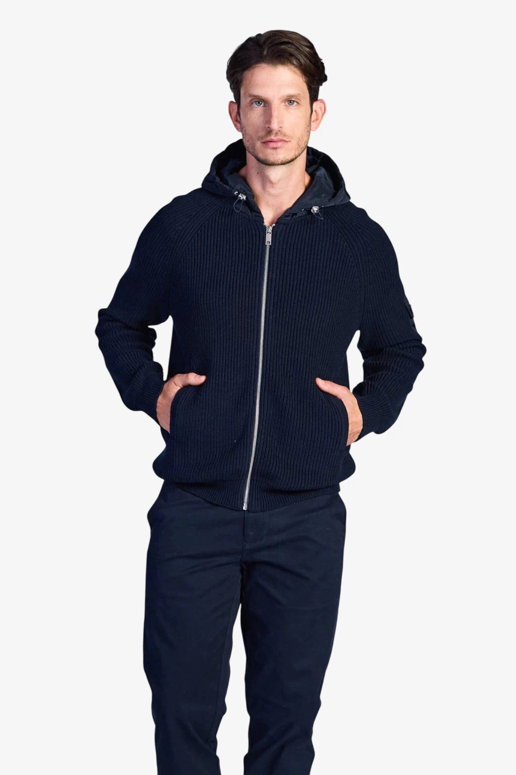 Fisherman's Rib Hybrid Jacket with Nylon Hood - Dark Navy