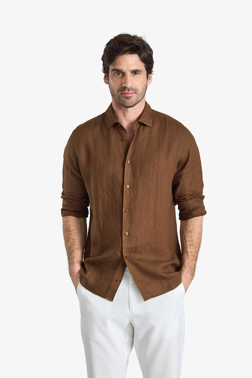 Garment-Dyed Pure Linen Shirt - Coffee