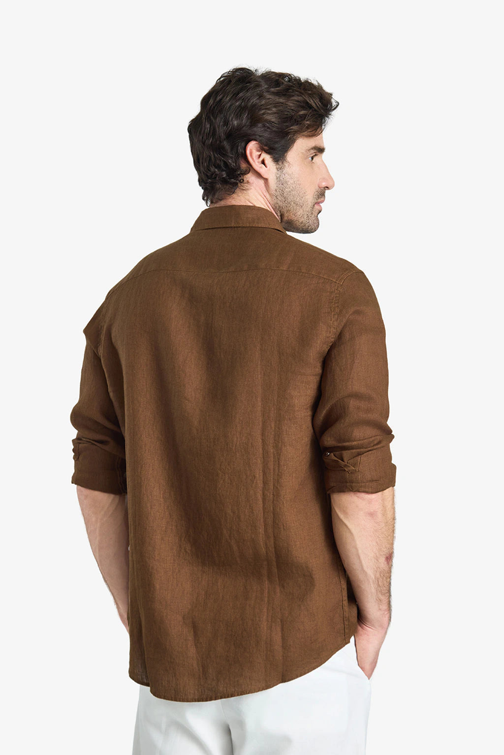 Garment-Dyed Pure Linen Shirt - Coffee