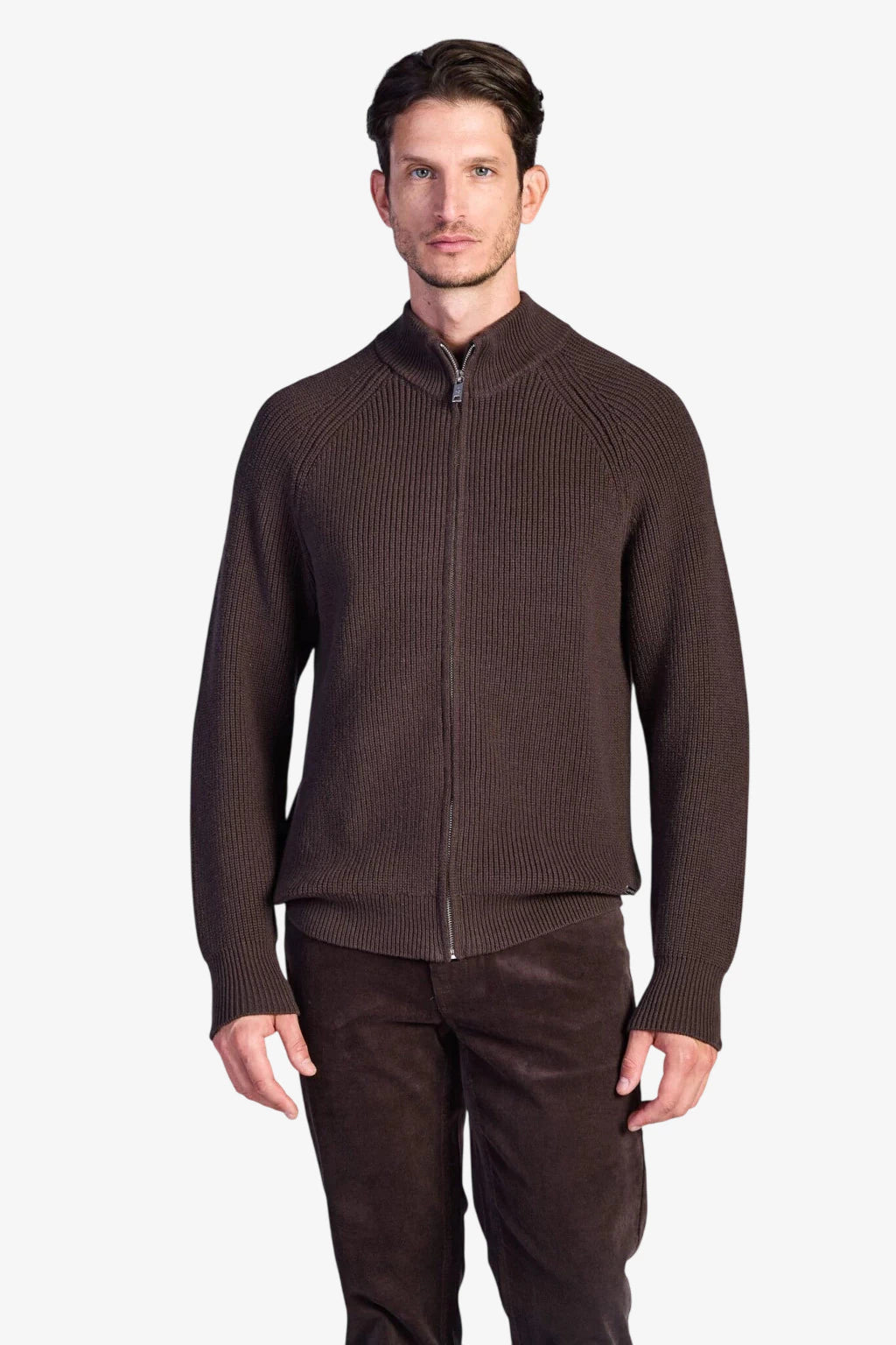 Cotton Fisherman's Rib Zip Jacket - Coffee