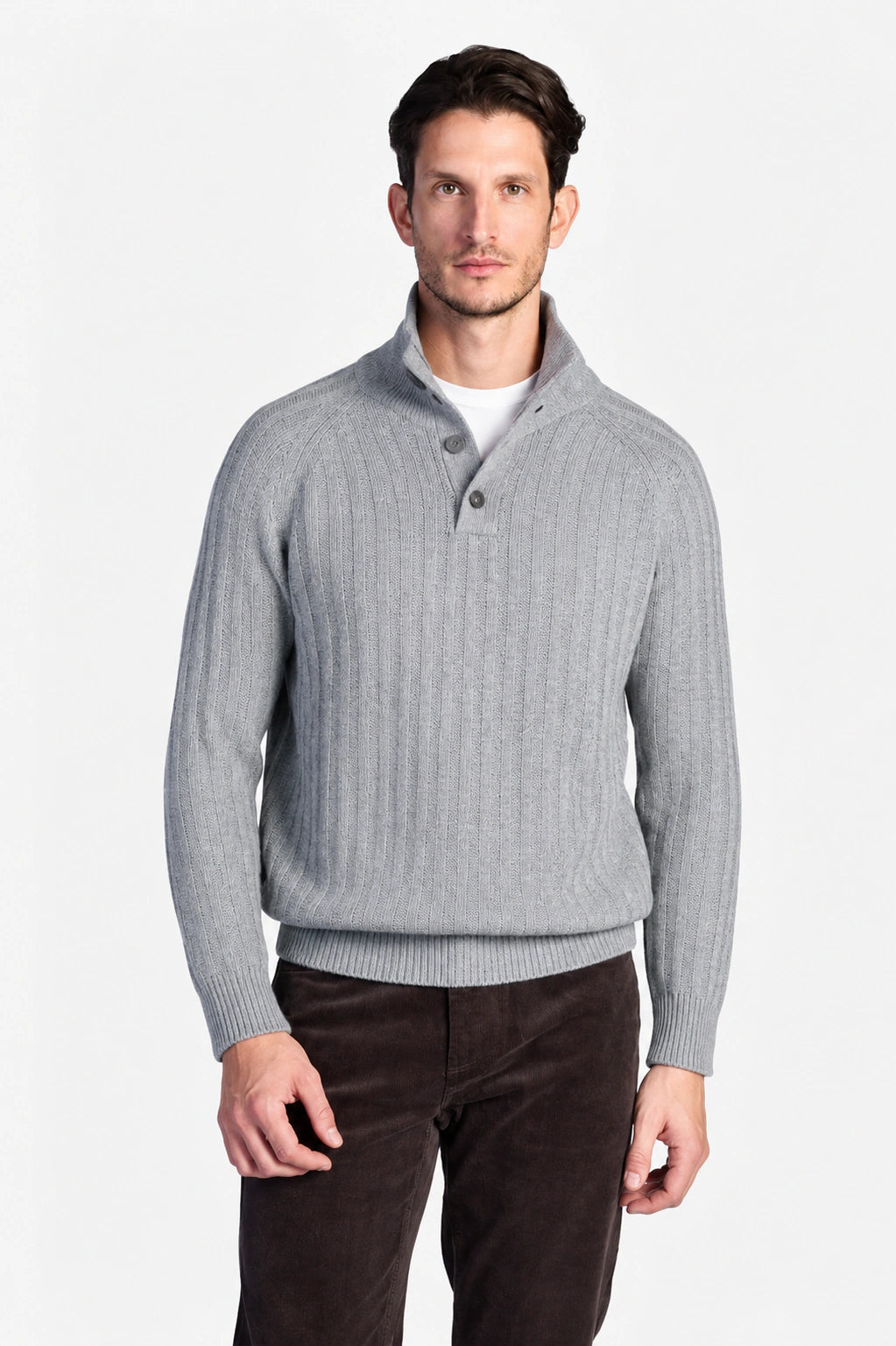 Wool-Blend Button-Neck Sweater - Medium Gray