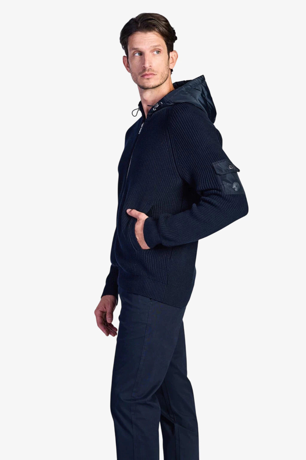 Fisherman's Rib Hybrid Jacket with Nylon Hood - Dark Navy
