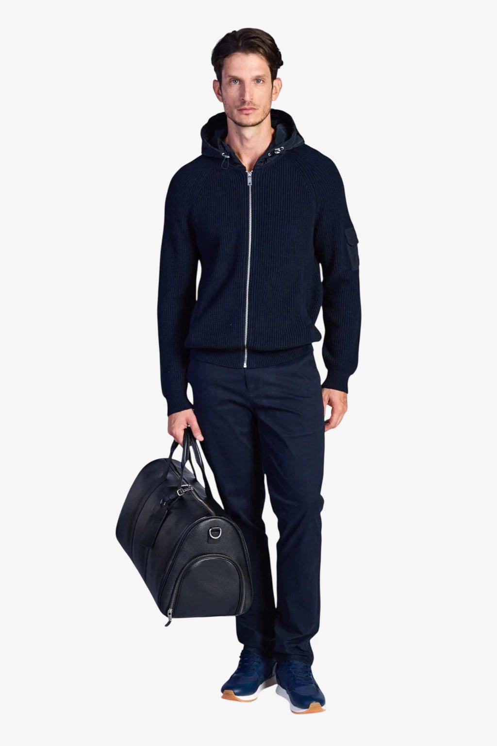 Fisherman's Rib Hybrid Jacket with Nylon Hood - Dark Navy