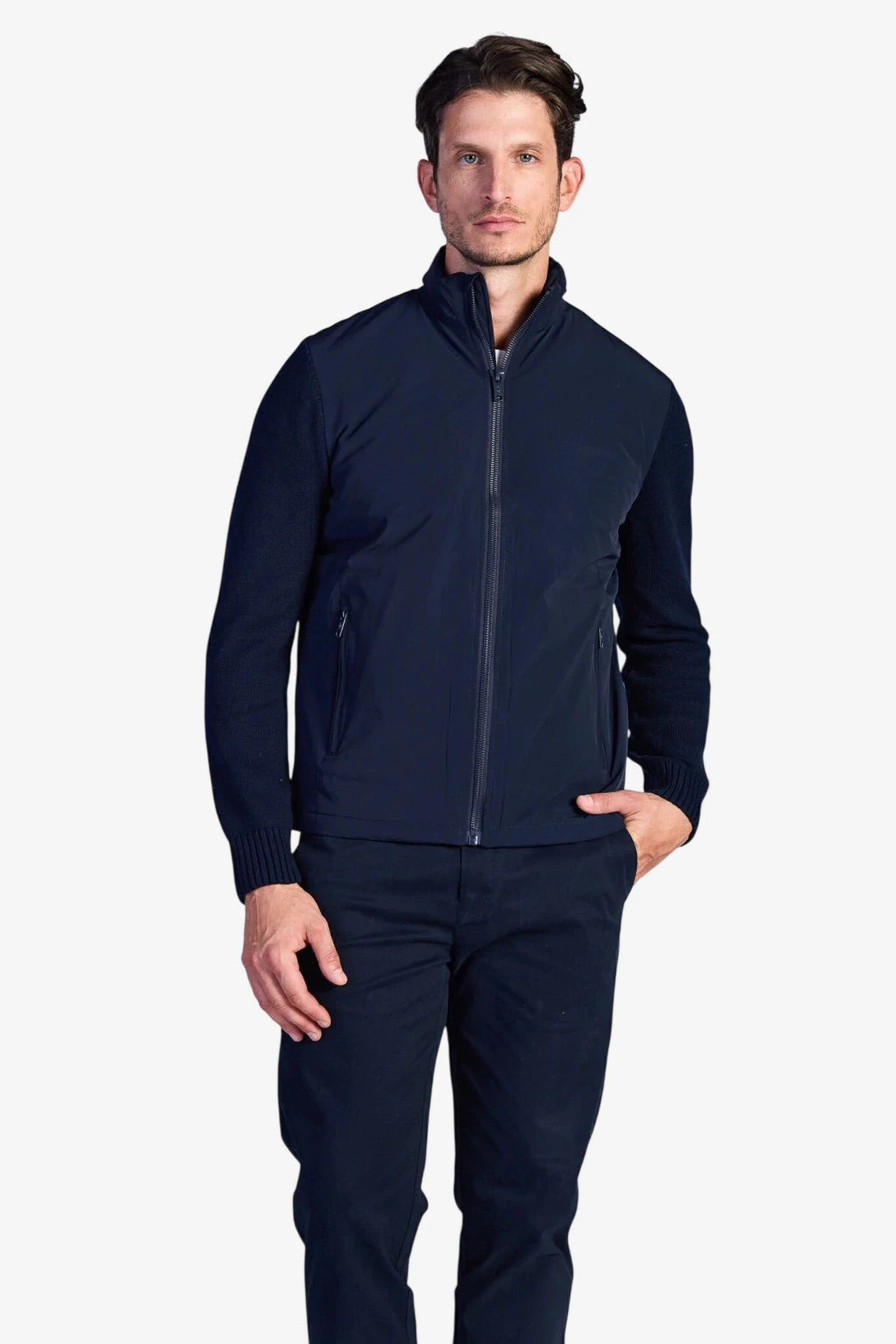 Hybrid Jacket with Knit Sleeves - Dark Navy