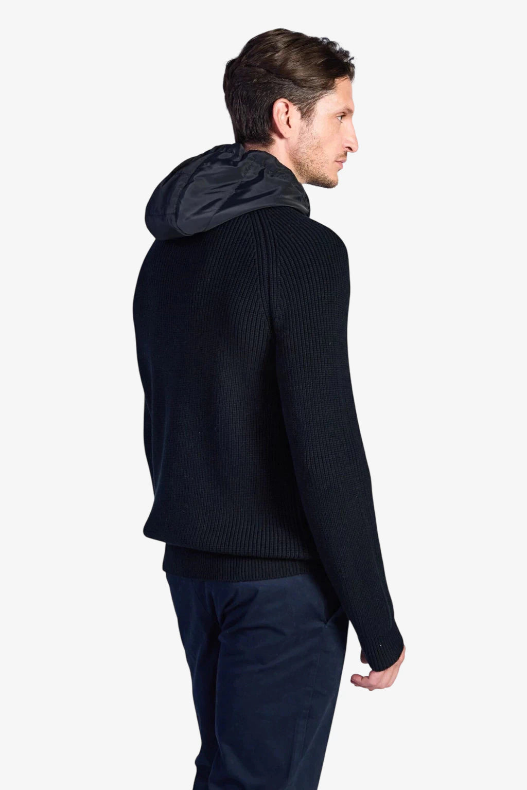 Fisherman's Rib Hybrid Jacket with Nylon Hood - Black