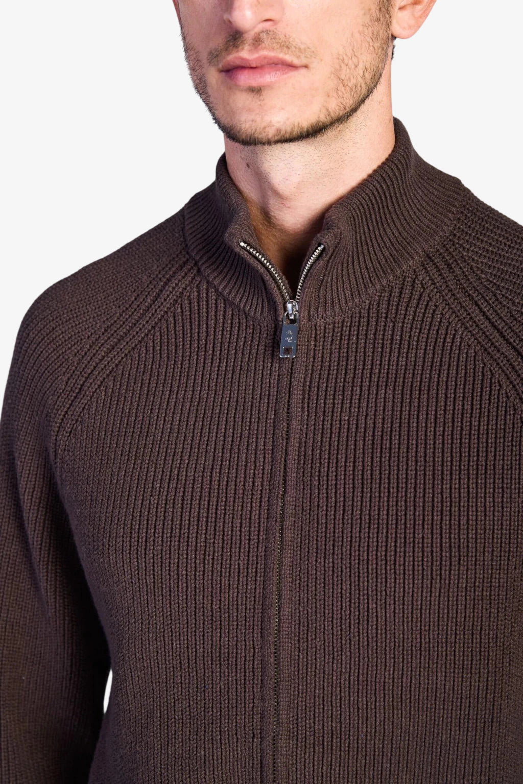 Cotton Fisherman's Rib Zip Jacket - Coffee