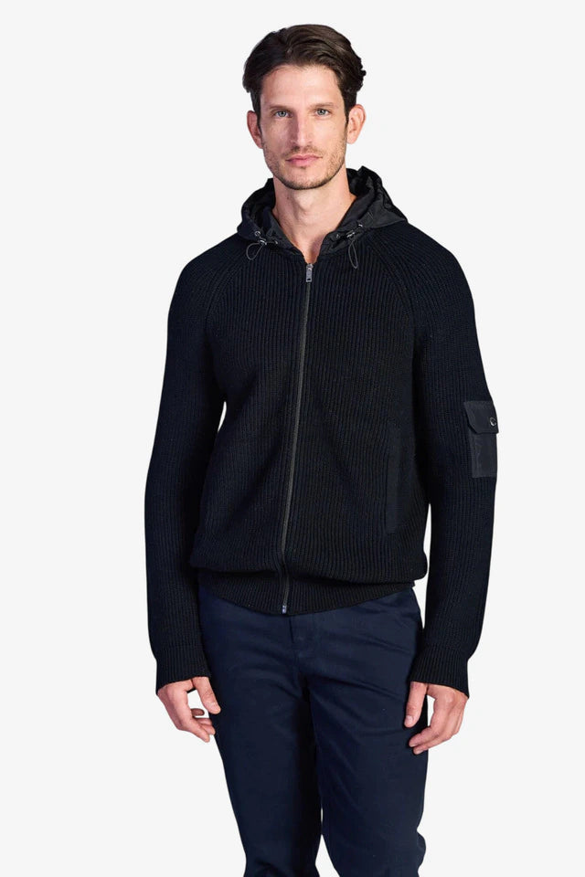 Fisherman's Rib Hybrid Jacket with Nylon Hood - Black