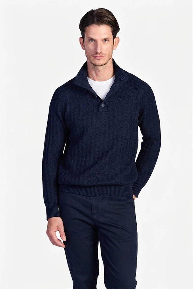 Wool-Blend Button-Neck Sweater - Dark Navy