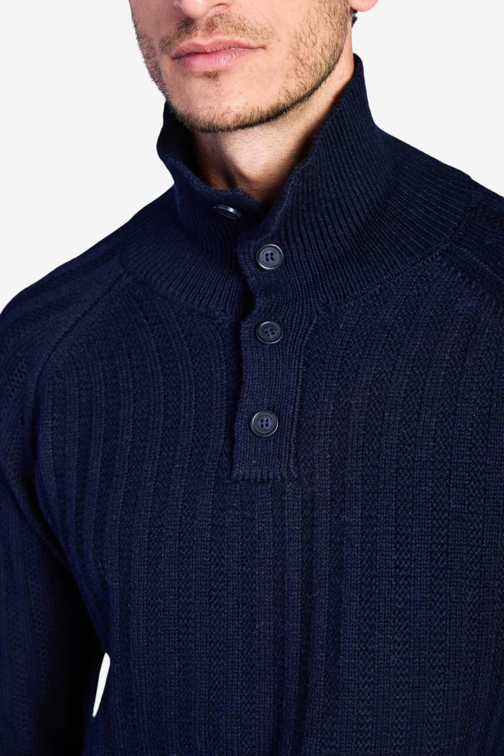 Wool-Blend Button-Neck Sweater - Dark Navy