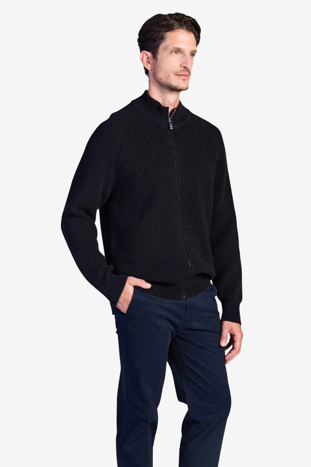 Cotton Fisherman's Rib Zip Jacket - Black