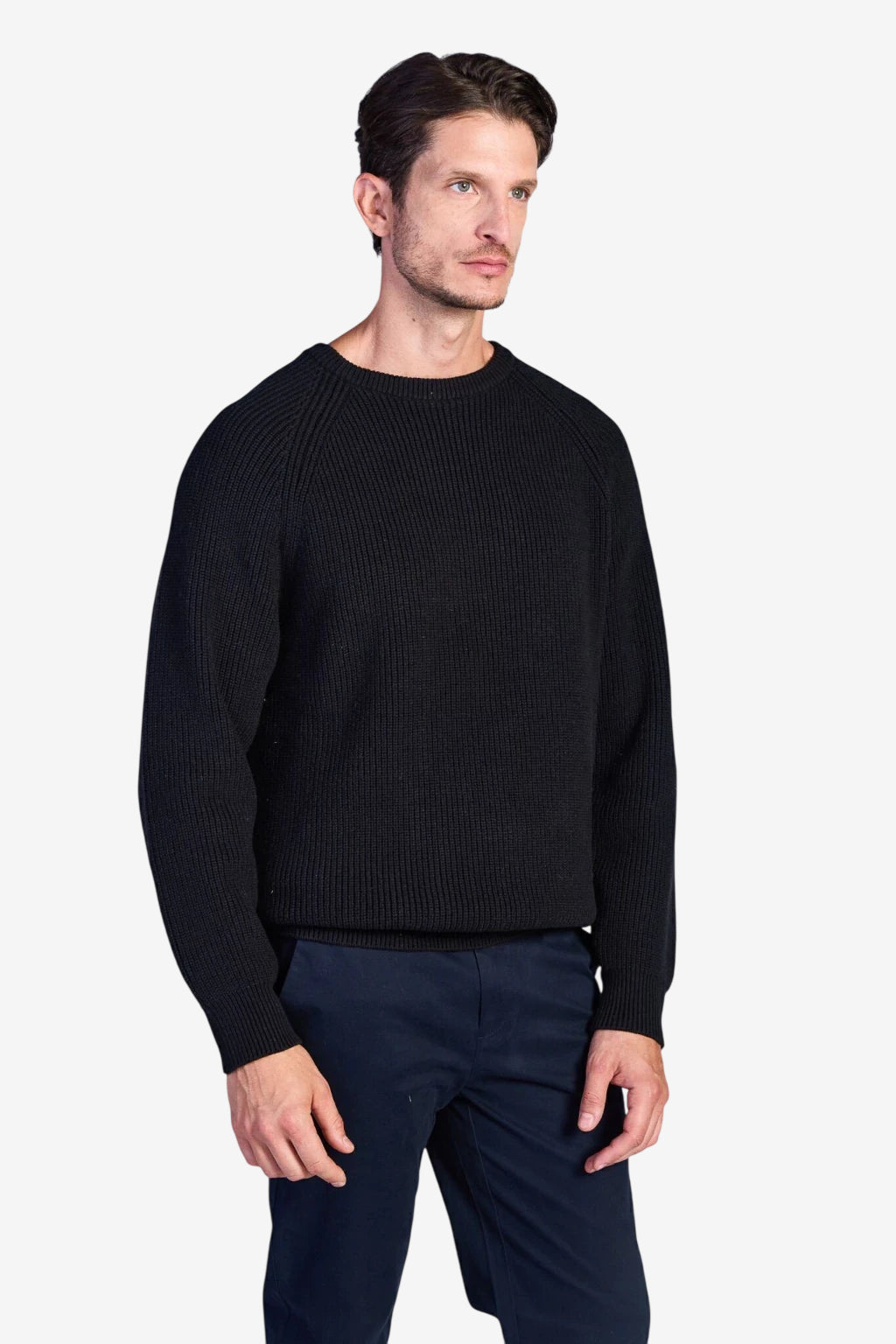 Cotton Fisherman's Rib Crewneck Sweater - Black